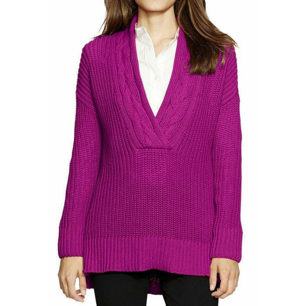 Lauren Ralph Lauren Purple Cable Knit Shawl Collar Sweater Size Large